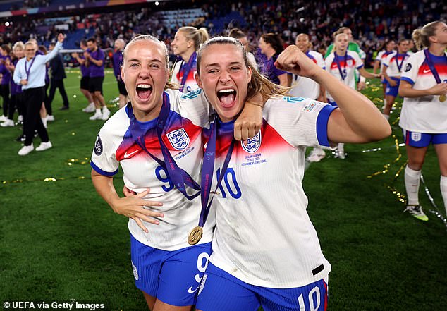 Ella started the final against Spain in Basel and was substituted off for Beth Mead (both pictured celebrating) in the 87th minute when the scores were locked at 1–1