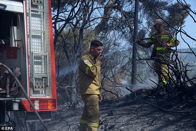 irefighters battle a fire that broke out in the area of Ancient Olympia, Peloponnese, Greece, 09 August 2025