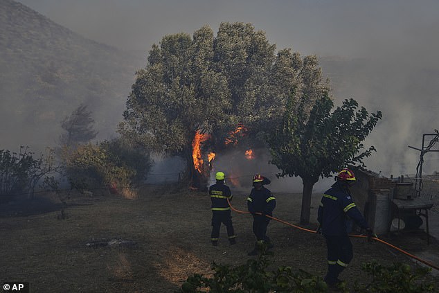 Czech firefighters try to put out a fire in Keratea, on the outskirts of Athens, on Friday, Aug. 8, 2025