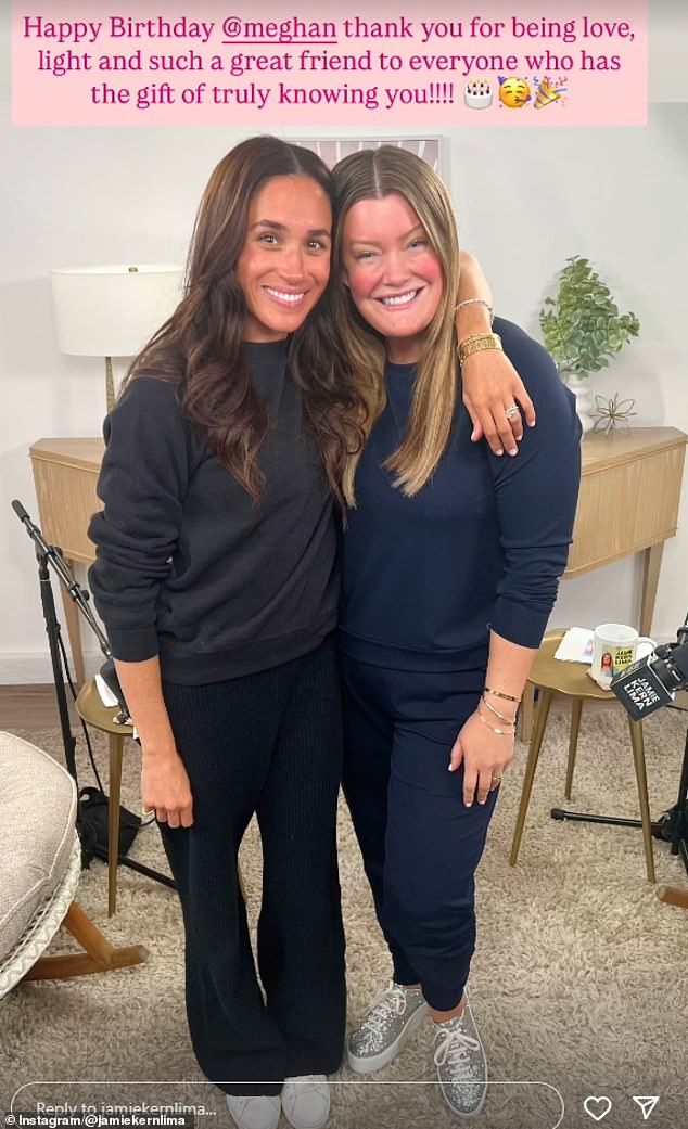 Meghan Markle's closest friends, including Jamie Kern Lima, pictured with the Duchess marked her 44th birthday with a series of gushing tributes shared to social media