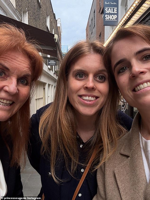 Another of the snaps showed the two sisters smiling for a selfie alongside their mother Sarah Ferguson (pictured, left)