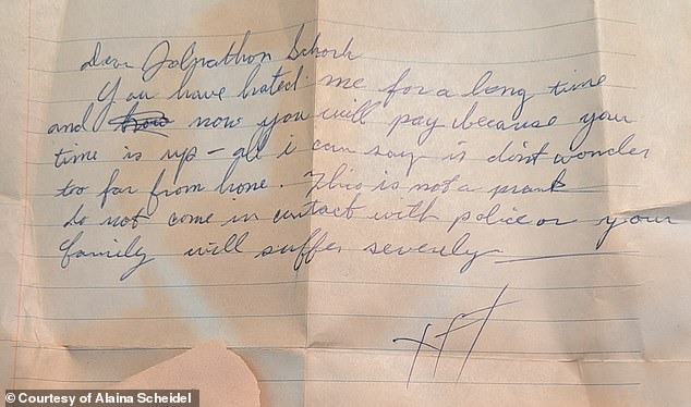 One letter said: 'You have hated me for a long time and now you will pay because your time is up,' another read. 'This is not a prank. Do not come in contact with police, your family will suffer severely'