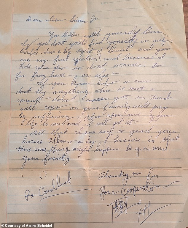 Another said: 'You better watch yourself because if you don't you'll find yourself in awful trouble,' the mysterious person wrote in a third, in part
