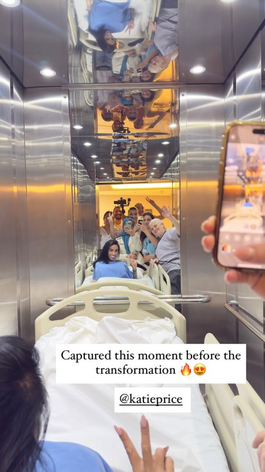 Katie Price and medical staff in a hospital elevator before a procedure.