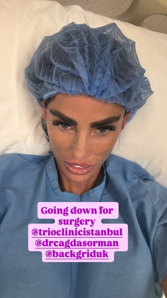 Katie Price in a hospital gown and surgical cap before surgery.