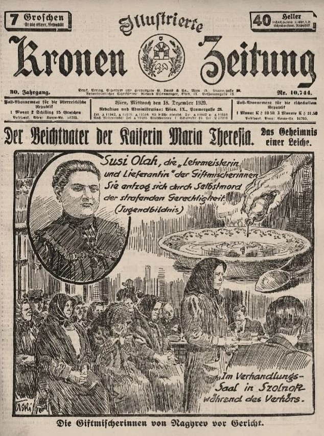 A newspaper headline covering the trials featuring Zsuzsie's picture in the inset as the ring leader. There were rumours that she had killed her half-brother and sister in law