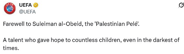 UEFA issued this statement on X, saying he was a 'talent who gave hope to countless children'