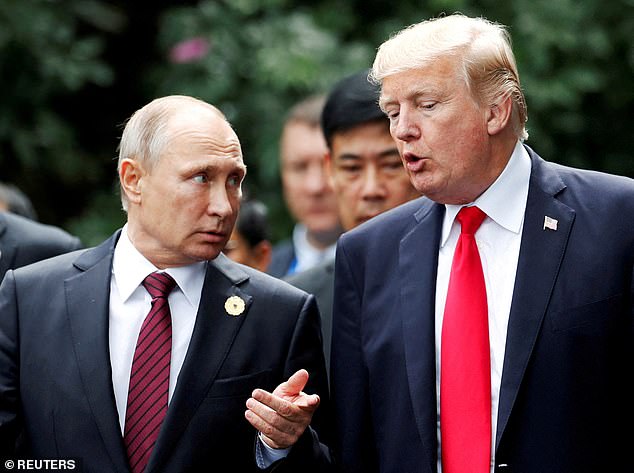 The dollar is still the global reserve currency but it is less dominant than before. Trump’s re-election has been marked by isolationism and the public avowal to avoid entanglements in foreign conflicts. Pictured: Trump and Putin at the APEC Summit in Danang, Vietnam in 2017
