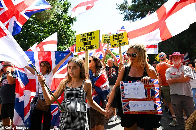 The spate of crimes perpetrated by illegal migrants in just two months has made some families fearful for their women and girls. Pictured: families protest outside the Roundhouse hotel on August 9 in Bournemouth