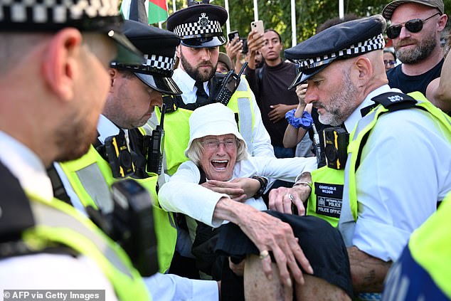 Police officers arrested an 89-year-old protestor in London today