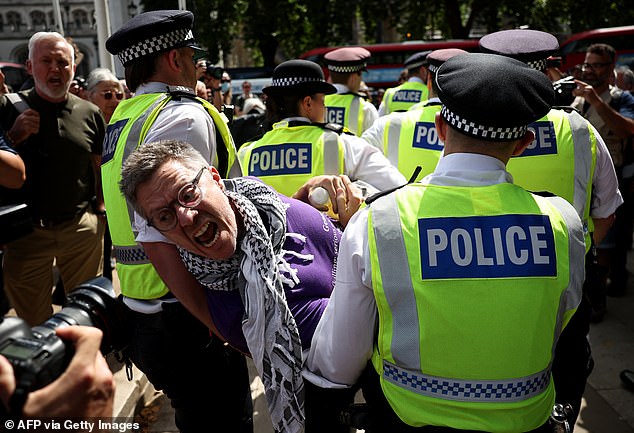 A protester is carried away by police officers at a Lift The Ban demonstration in support of the proscribed group Palestine Action