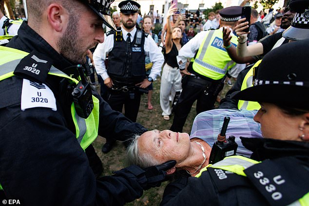 Officers endured a torrent of abuse as they made arrests, with demonstrators screaming 'shame on you', 'terrorists' and 'fascist scum'