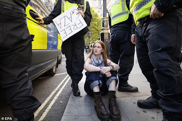 There were also ugly scenes on Whitehall as those arrested were led – and in some cases carried by their arms and legs – to the temporary processing centre, with a hostile crowd pushing and shoving officers