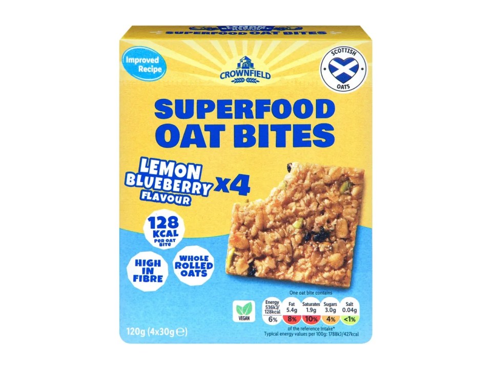 Box of Crownfield Superfood Oat Bites in lemon blueberry flavor.