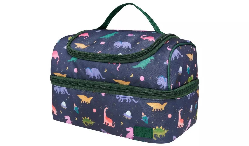 Double-decker lunch bag with dinosaurs and stars pattern.