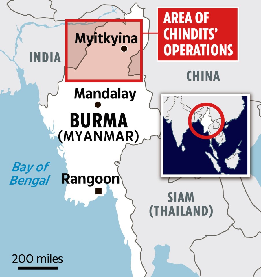 Map of Burma (Myanmar) showing Chindits' operations area.