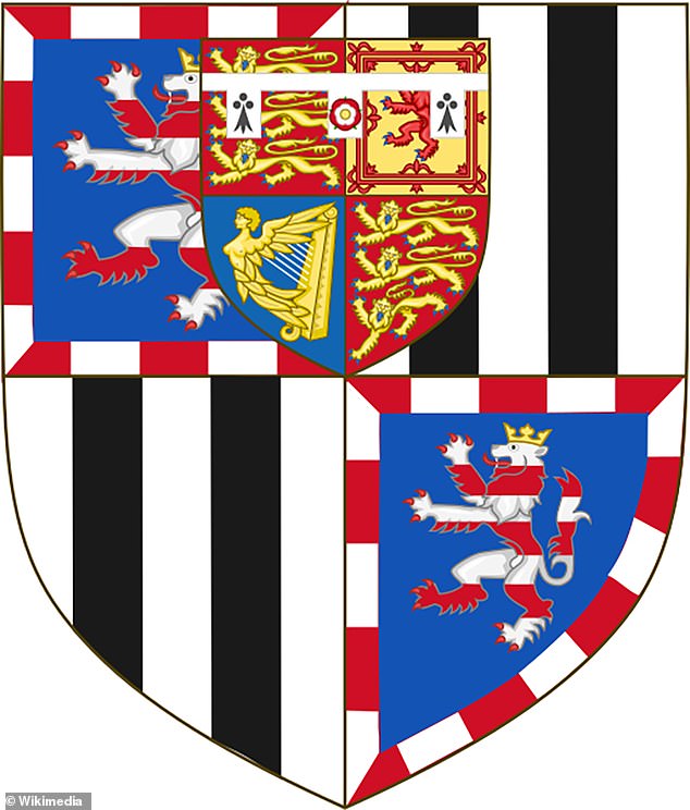 The name Mountbatten was adopted in 1917, during the First World War, when Prince Louis of Battenberg, the current Marquess's great-grandfather, anglicised the family name in response to anti-German sentiment in Britain. Pictured: The family's coat of arms