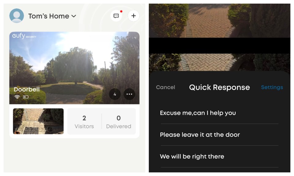 Eufy security app showing doorbell camera feed, visitor count, and quick response options.