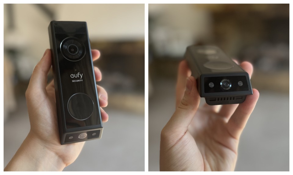 Two photos of a person holding a black eufy Security doorbell camera.