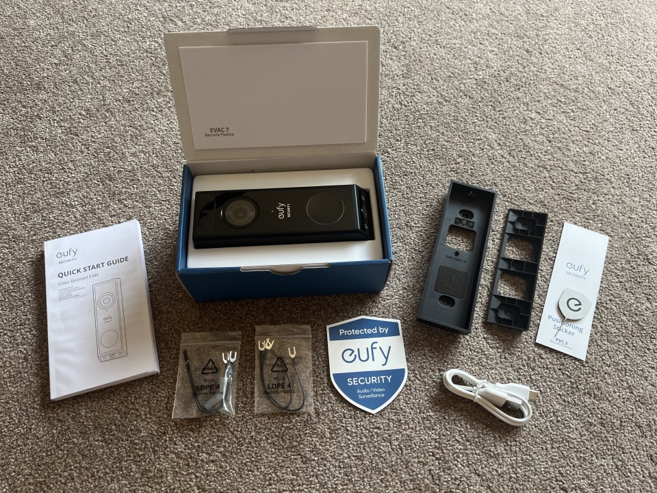 Eufy video doorbell E340 unboxing contents.