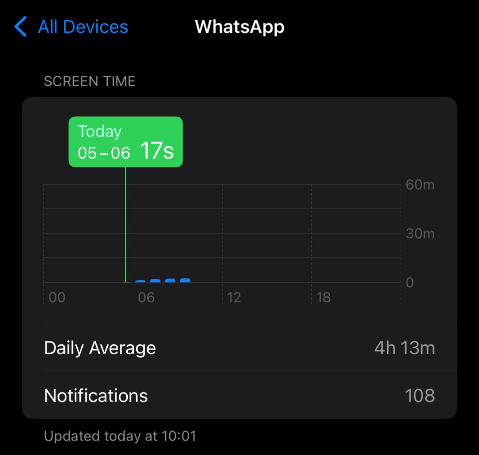 WhatsApp screen time: 17 seconds today, 4 hours 13 minutes average, 108 notifications.