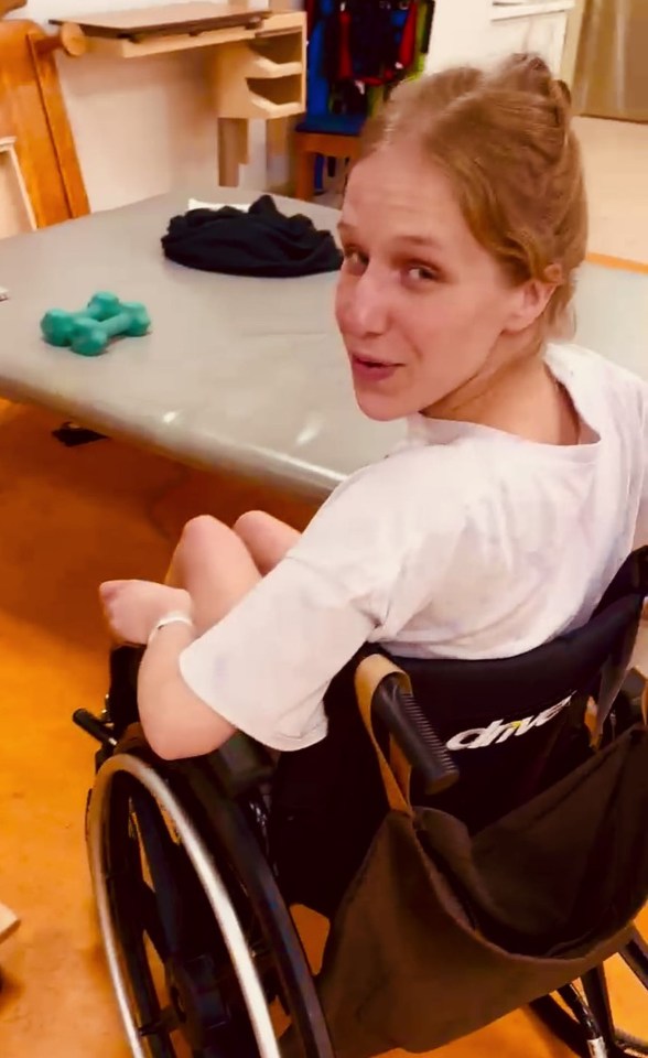 Woman in wheelchair after inhaling nitrous oxide.