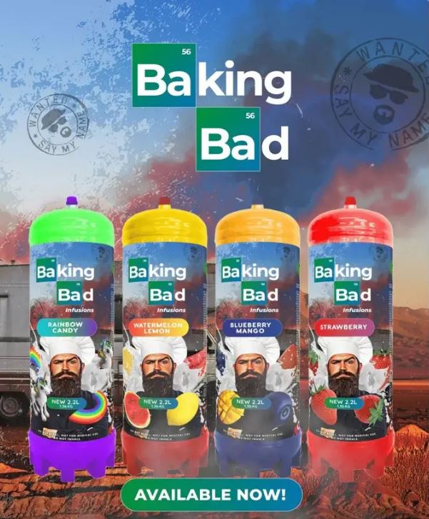Four cream chargers in different flavors: rainbow candy, watermelon lemon, blueberry mango, and strawberry.  "Baking Bad" branding.