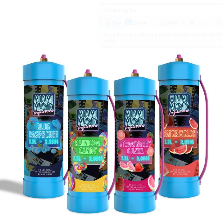 Illustration of four Miami Magic Infusions whipped cream chargers in blue raspberry, rainbow candy, strawberry guava, and watermelon flavors.