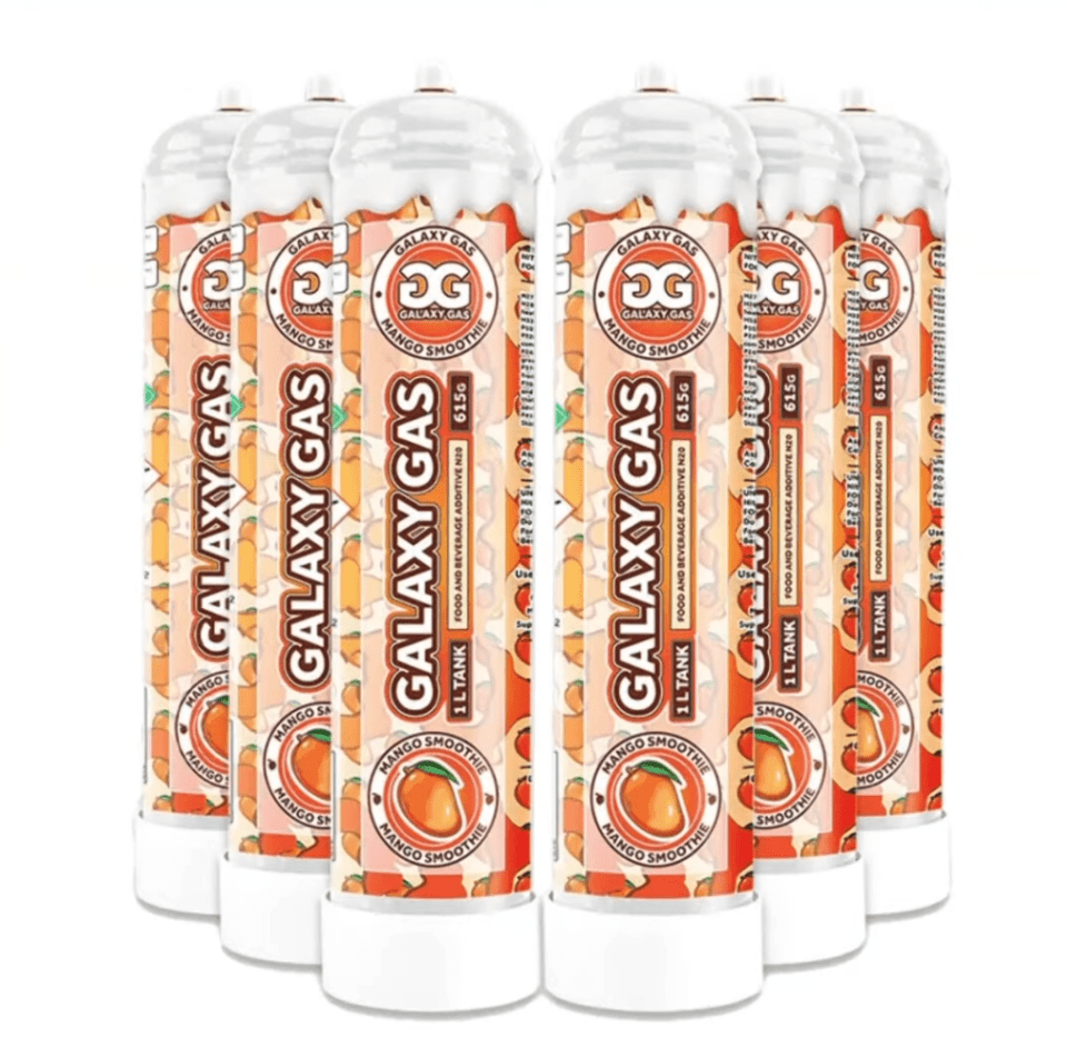 Six cans of Galaxy Gas mango smoothie nitrous oxide.