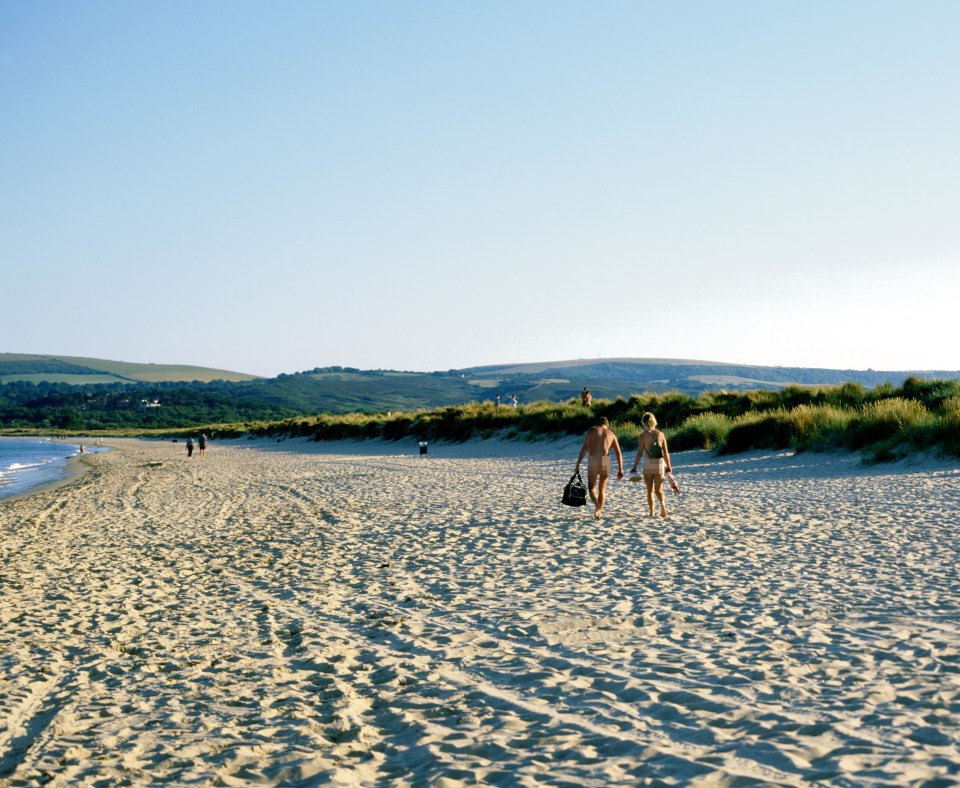 Nudist couple walking on a sandy beach.