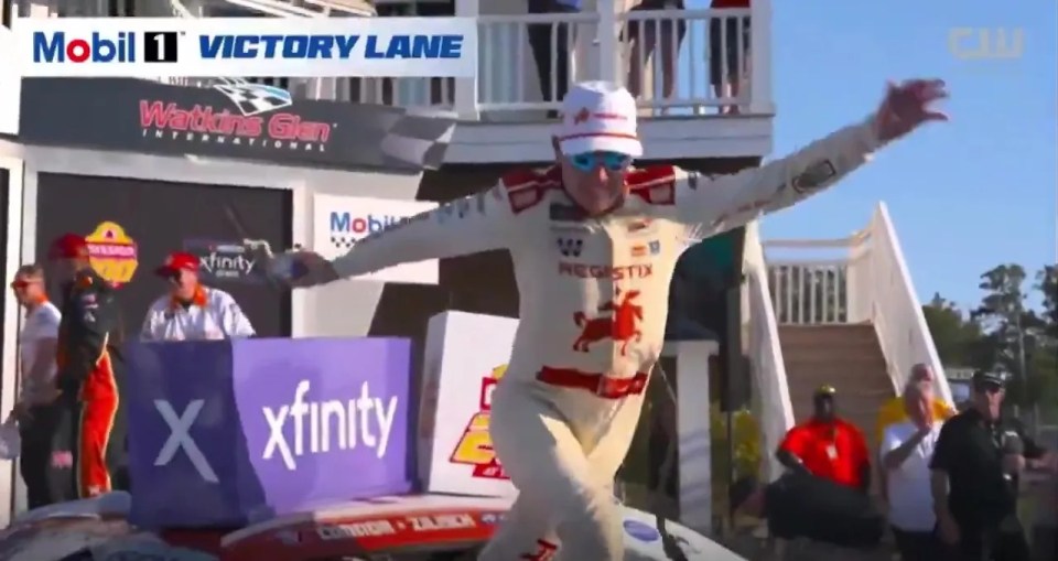 Connor Zilisch falling after winning the NASCAR Xfinity Series at Watkins Glen.