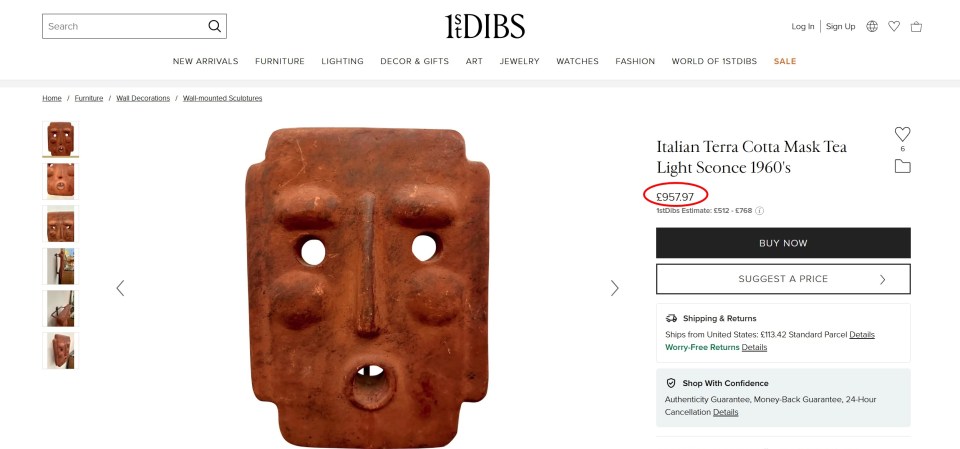 Screenshot of 1stDibs listing for a 1960s Italian terracotta mask tea light sconce, priced at £957.97.