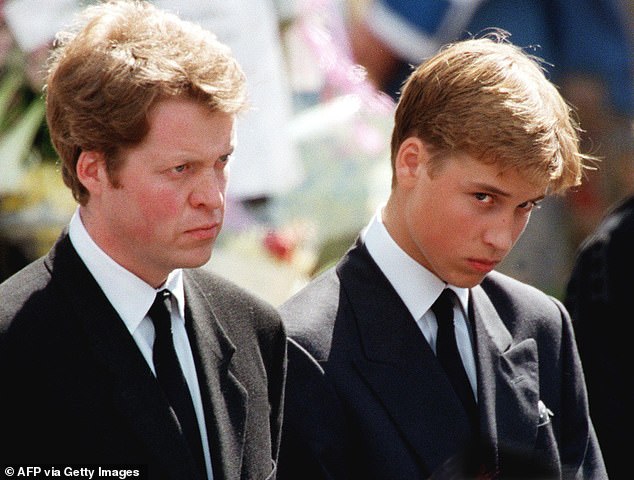Earl Spencer and William are pictured at the funeral ceremony of Princess Diana