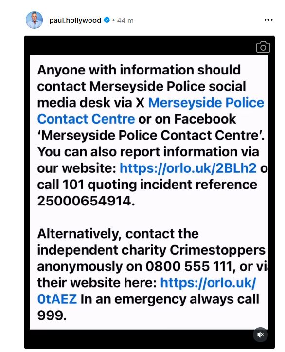 Screenshot of a social media post with contact information for Merseyside Police regarding a reported attack.