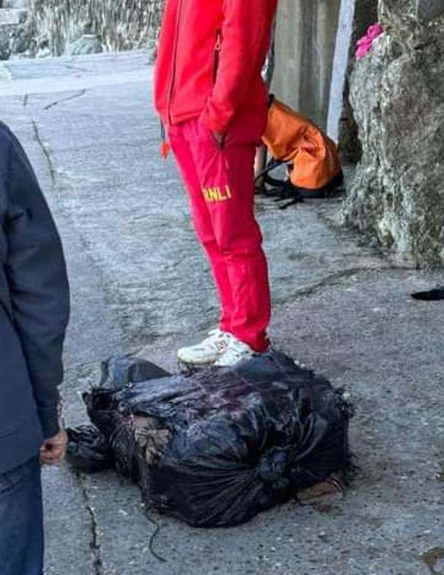 In 2024, a black bale of cocaine (pictured) worth up to an £3.1million was found washed up on the popular beach of Trevaunance Cove in north Cornwall
