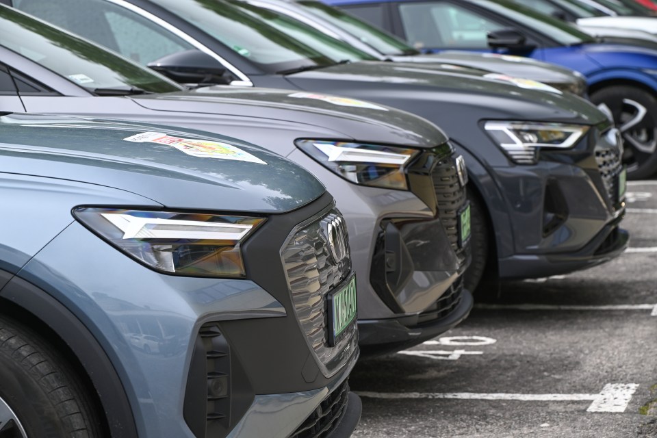 Row of Audi Q4 e-tron electric cars in a parking lot.
