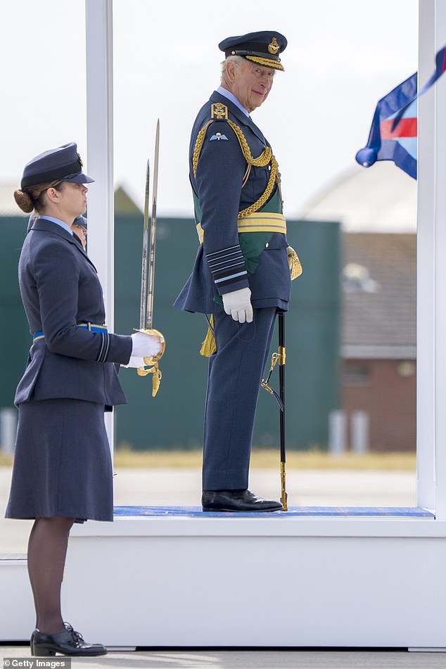 During the Parade at RAF Lossiemouth, he addressed servicemen and women and their families. Pictured: The King during the visit