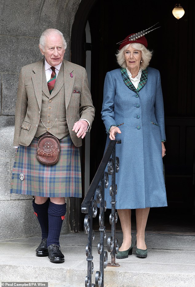 Balmoral was opened to the public for the first time in its history last year - which the late Queen always insisted would never happen during her reign. Pictured: King Charles and Queen Camilla after attending a service at Crathie Kirk on April 13, 2025
