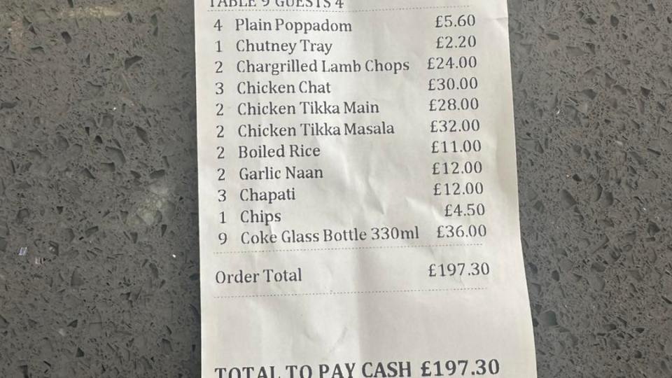 Restaurant bill totaling £197.30.