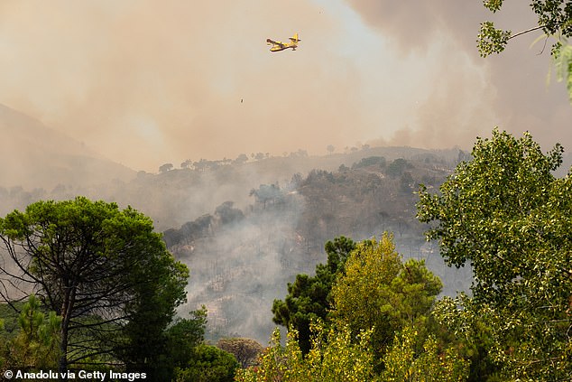 A Canadair flights over flames and smoke rise from a wildfire that breaks out at the Vesuvius National Park in Terzigno, a commune in Naples, Italy on August 9, 2025