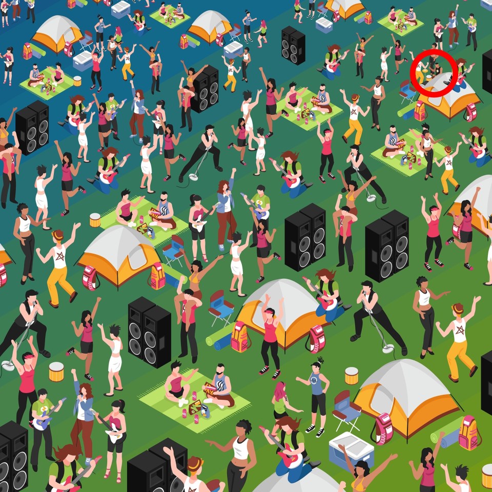 Illustration of a crowded music festival; can you spot the drummer?