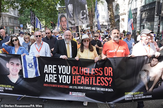 Thousands of people took to the street on Saturday demanding more action to free the few remaining Israeli hostages from Hamas (pictured)