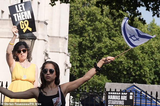 The march was reportedly peaceful until pro-Palestine activists allegedly triggered a scuffle (pictured are some of those taking part in Sunday's rally through Westminster)