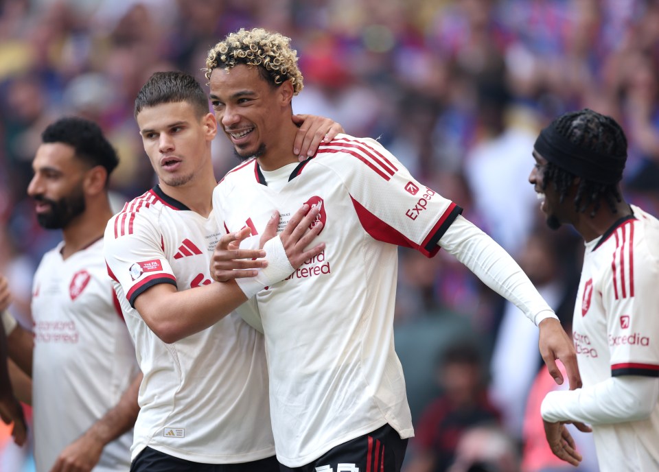 Hugo Ekitike and Milos Kerkez celebrating a goal.