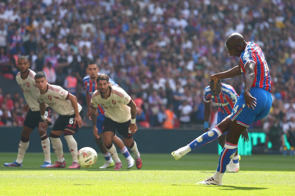 Jean-Philippe Mateta of Crystal Palace kicks a penalty.