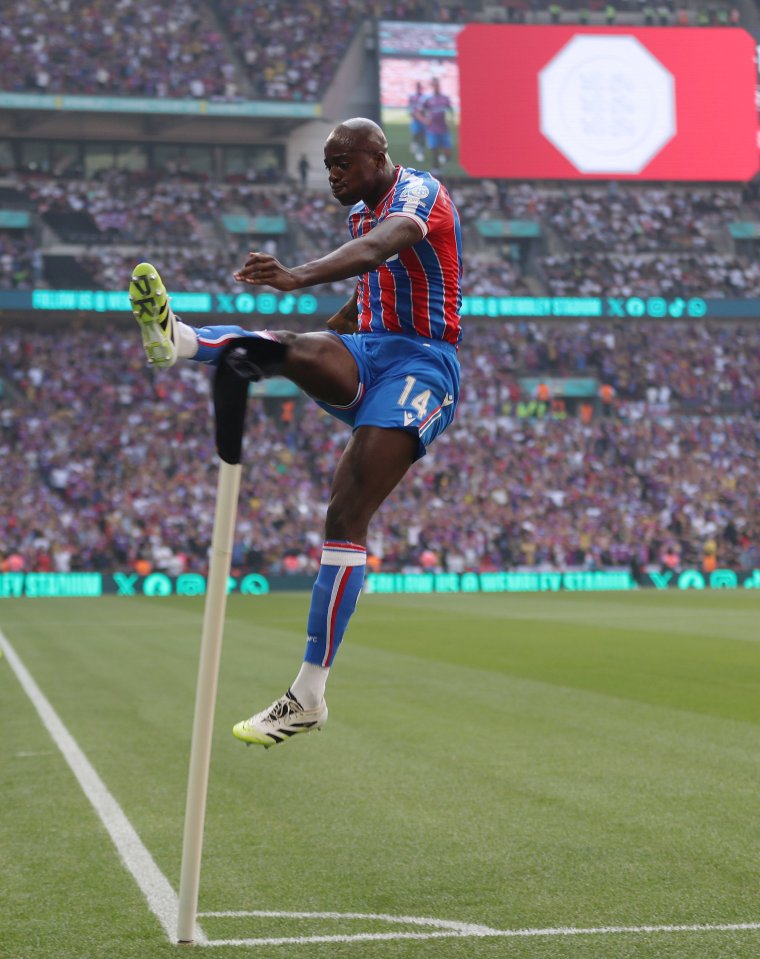 Jean-Philippe Mateta of Crystal Palace celebrates scoring a goal at Wembley Stadium.