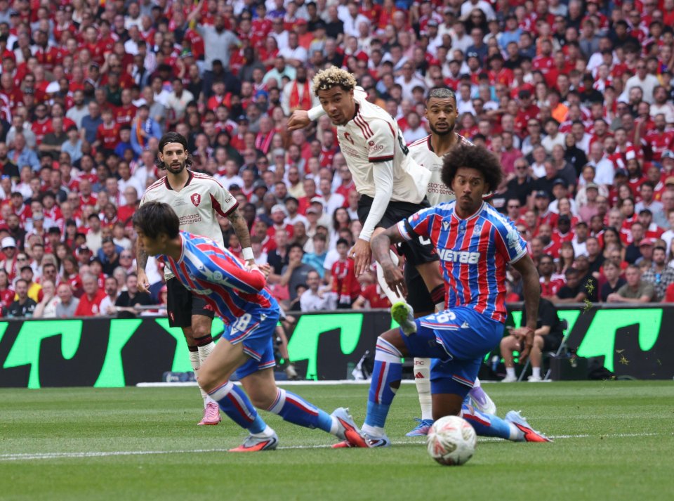 Hugo Ekitike scoring a goal at the FA Community Shield match.