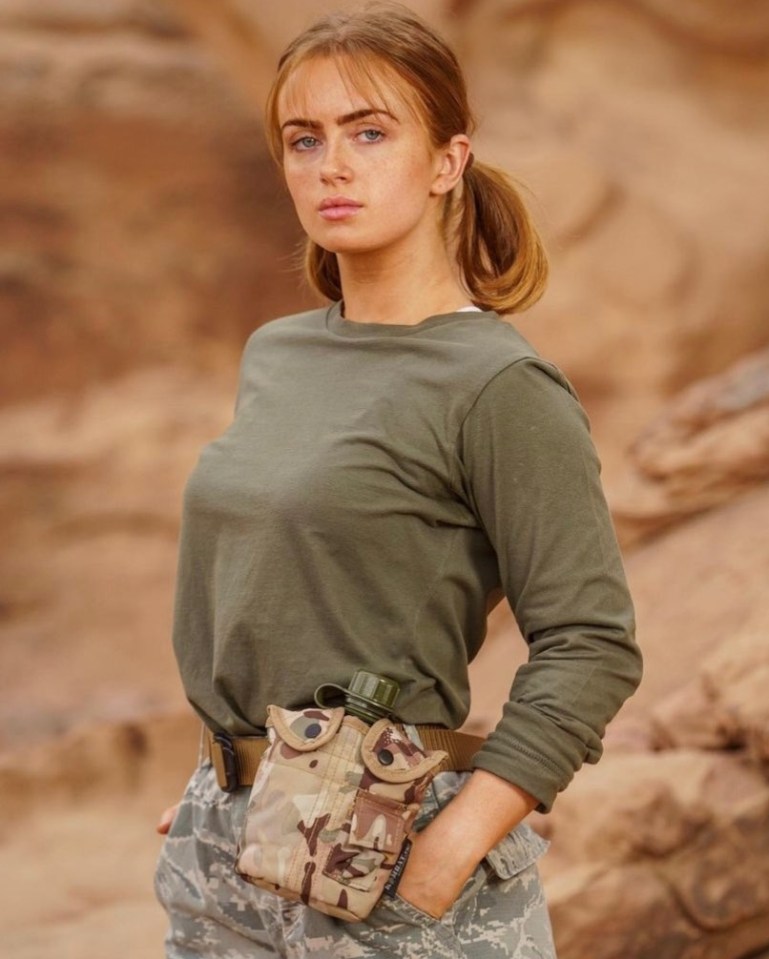 Maisie Smith in camouflage clothing.