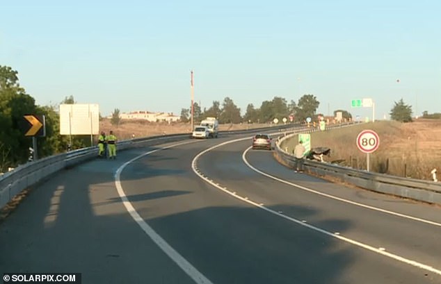 Pictured: the scene of the crash. The tragedy was said by Mourau authorities to have taken place during the family's 'usual and deserved vacation' as they travelled north from the Algarve in a car hired from Faro Airport