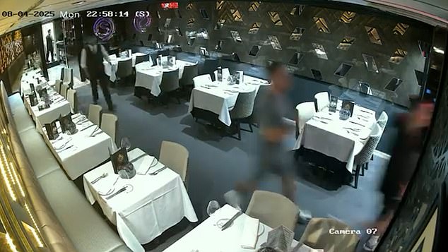 The group are chased out of the door by one of the waiters, with another hot on their tail